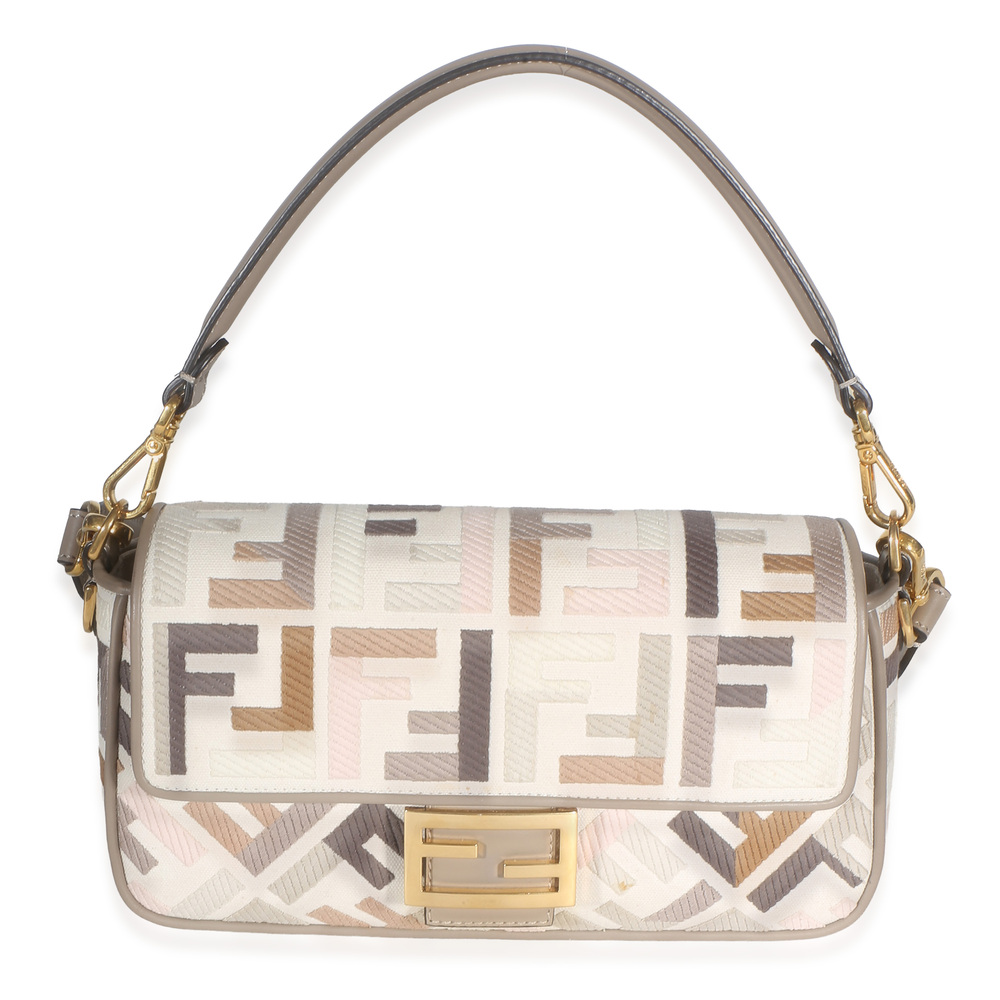 Fendi Grezzo Multicolor Tortora Canvas Multicolor FF Embroidered Baguette Bag
